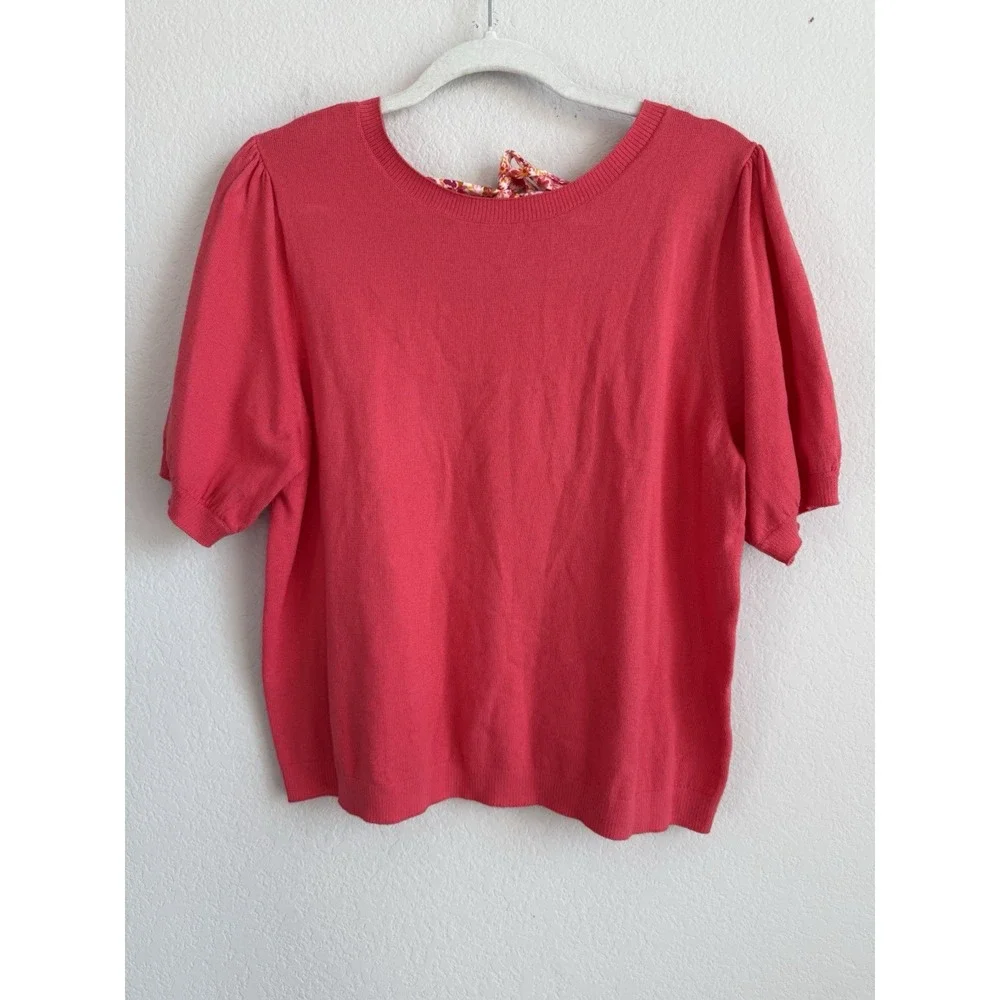 J.Crew Women's Size Large Orange‎ Pink Back Floral Bow Tie Short Puff Sleeve Top